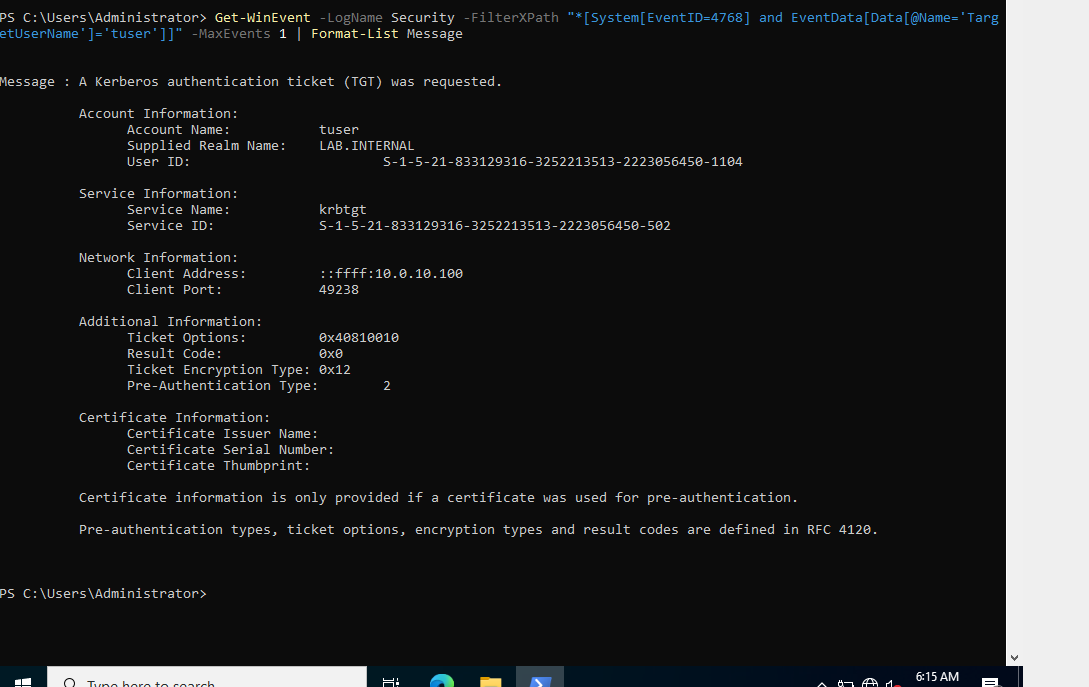 PowerShell output of Windows event 4768, a Kerberos ticket request for the account tuser, with result code 0x0.