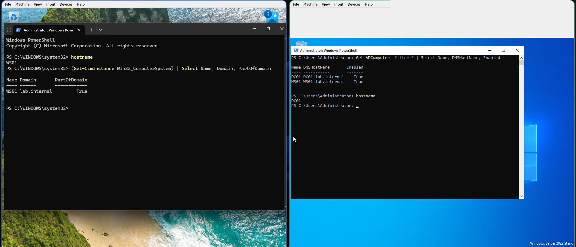 Two PowerShell windows side by side. WS01 reports it is part of lab.internal, and DC01 lists both DC01 and WS01 as computers.