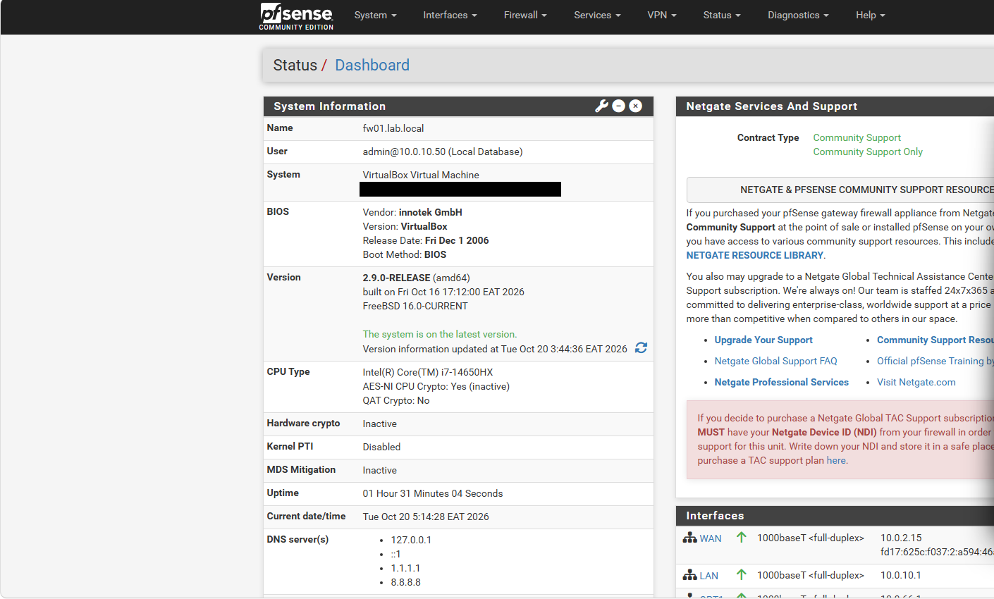 The pfSense dashboard showing fw01.lab.local with WAN, LAN and OPT1 interfaces up.