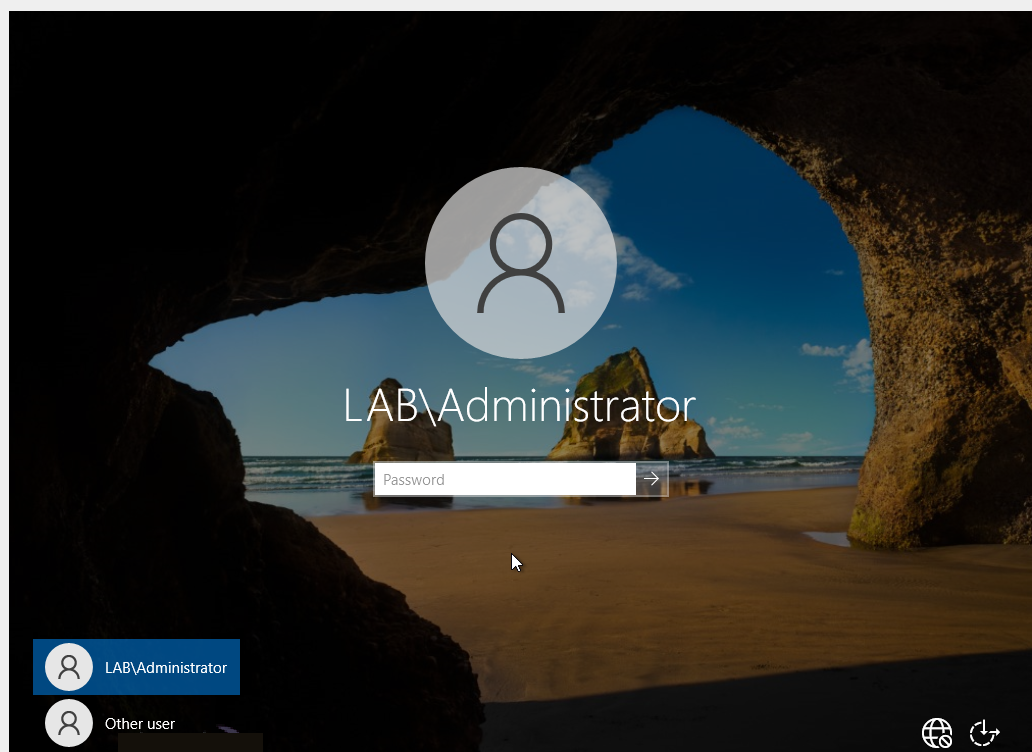 The DC01 login screen showing LAB\Administrator.