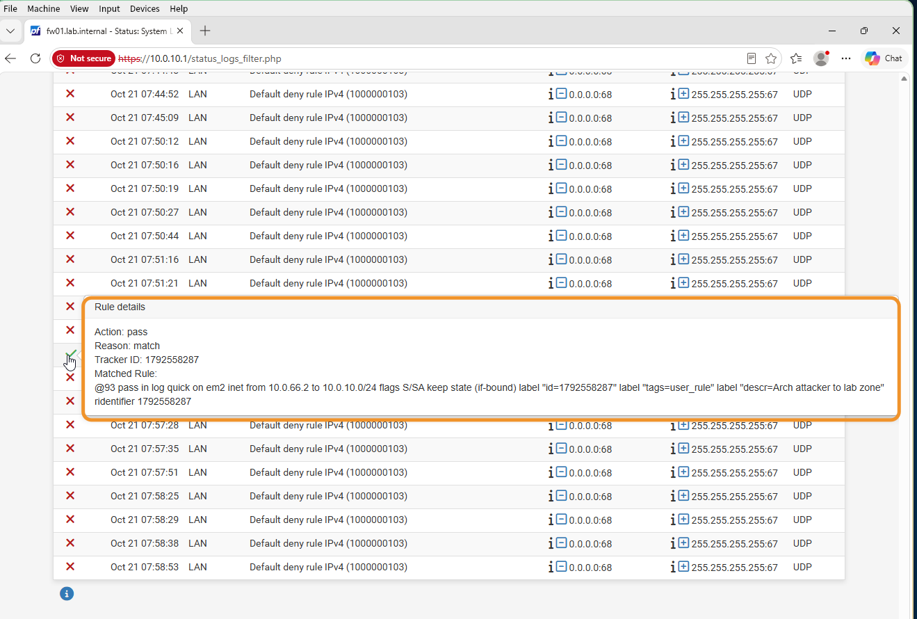 The pfSense firewall log with a passed packet from 10.0.66.2 and its rule details.